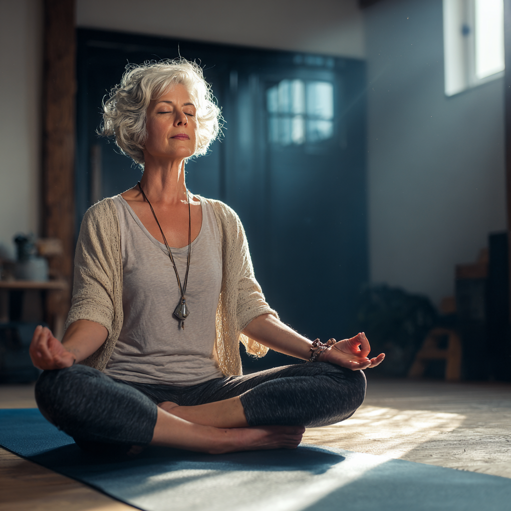 Middle-aged woman practicing mindful yoga meditation in peaceful studio atmosphere