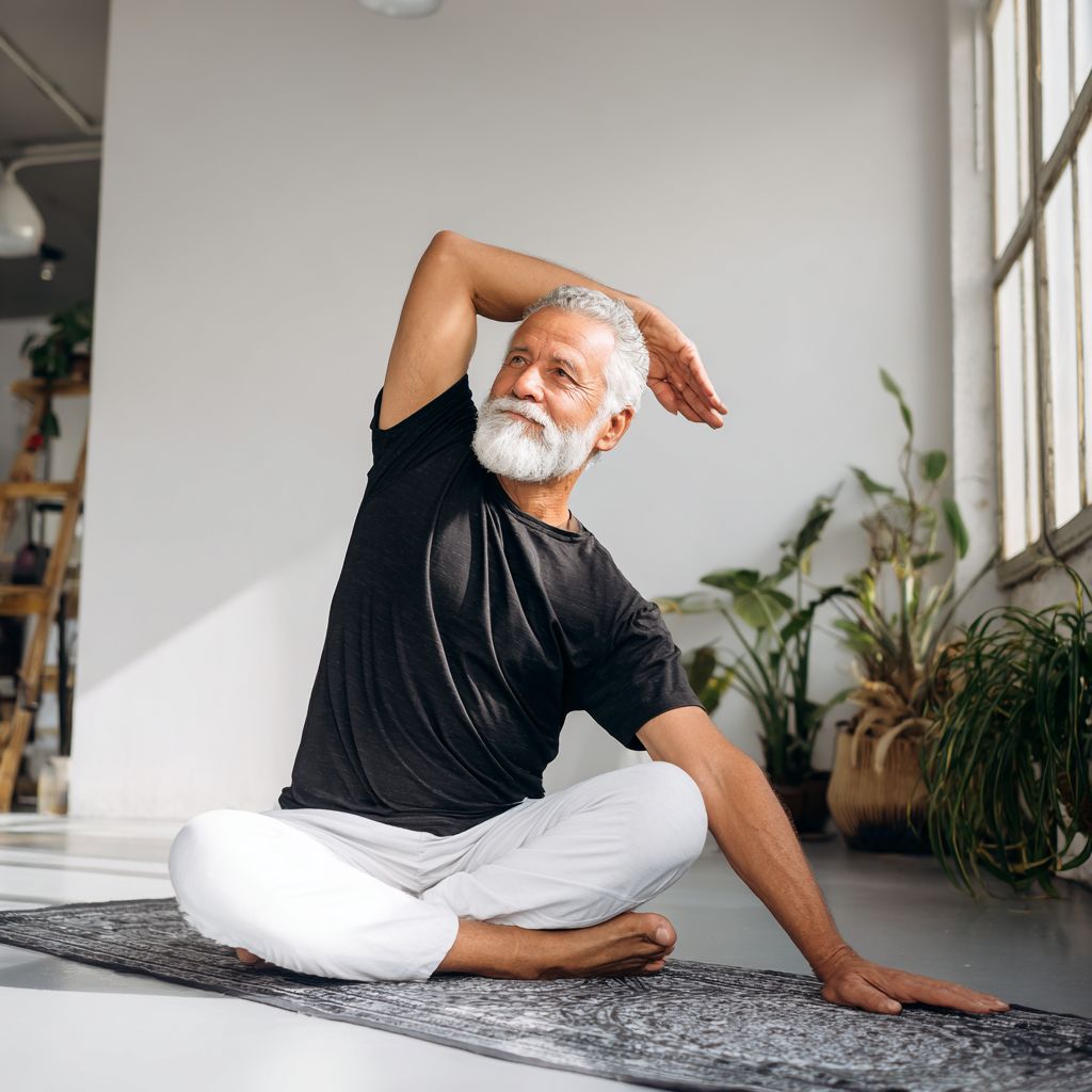 Senior man enjoying gentle yoga stretch session in comfortable studio environment